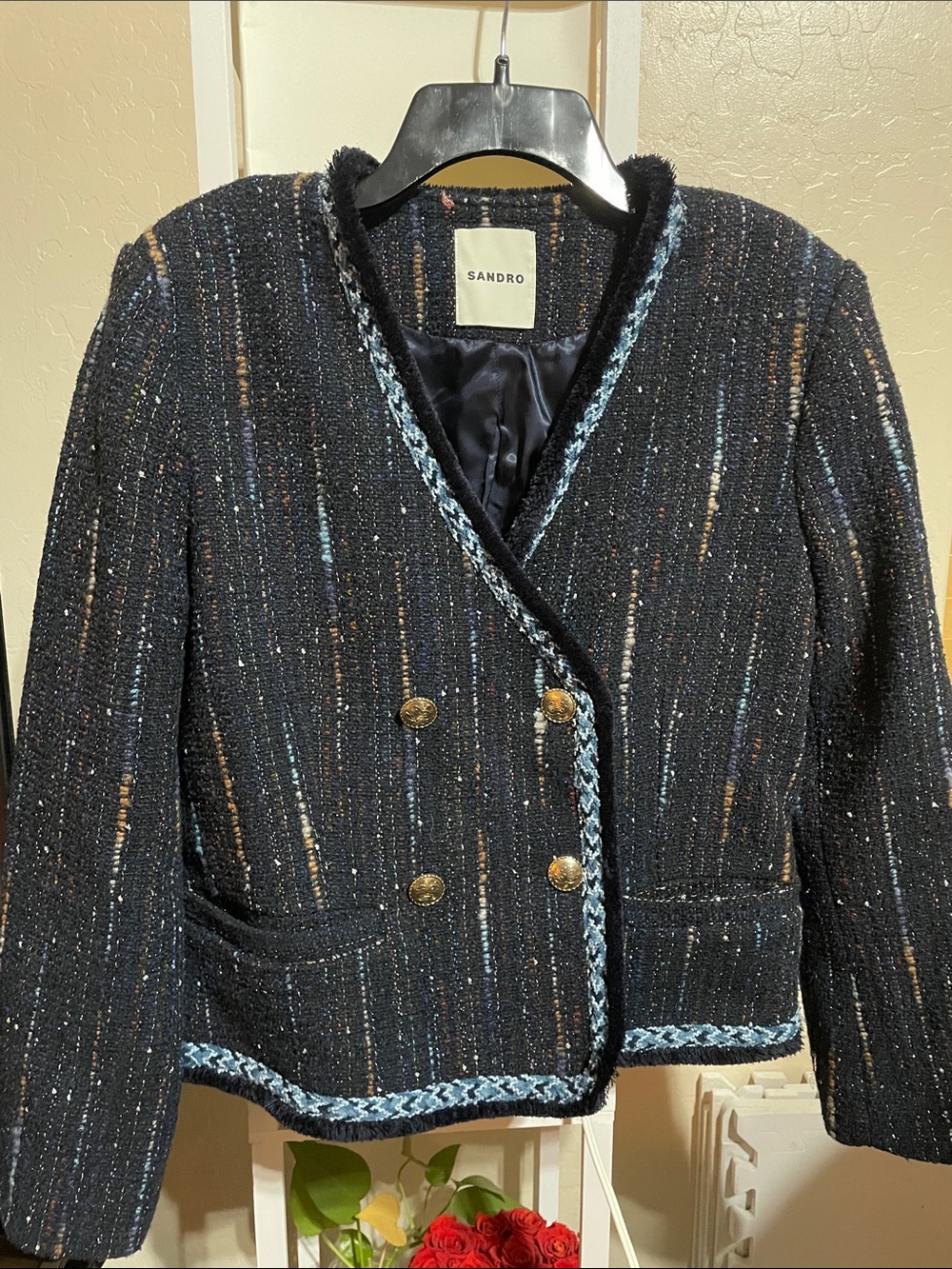 Sandro Black Tweed Blazer with Blue Trim and Gold Buttons